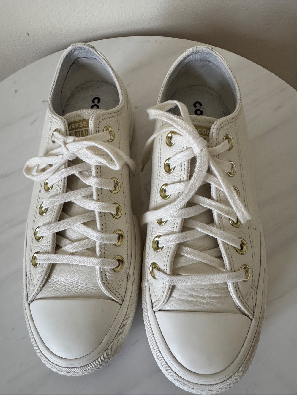 Converse White Platform Lace-Up Sneakers with Gold Eyelets, Size 6.5 - Picture 6 of 11